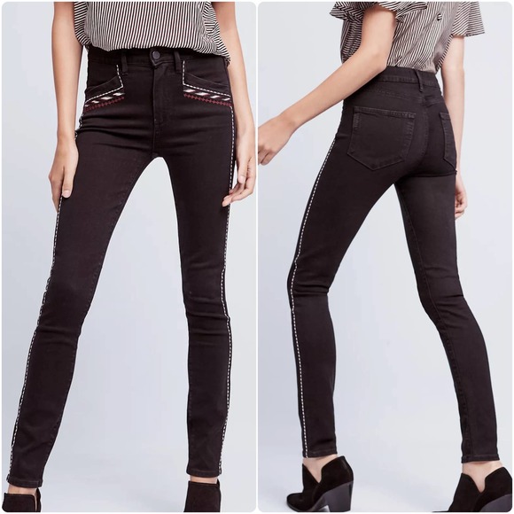 Anthropologie Paige Amberly High Rise Skinny Jeans size 25 Black Embroidered - Picture 2 of 12